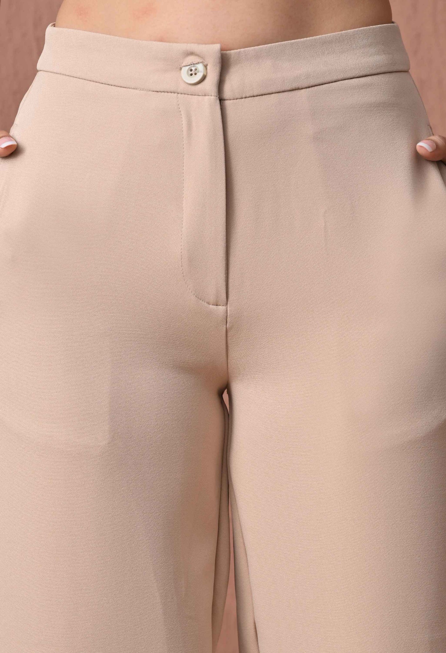Beige Button-Tab Wide-Leg Trousers