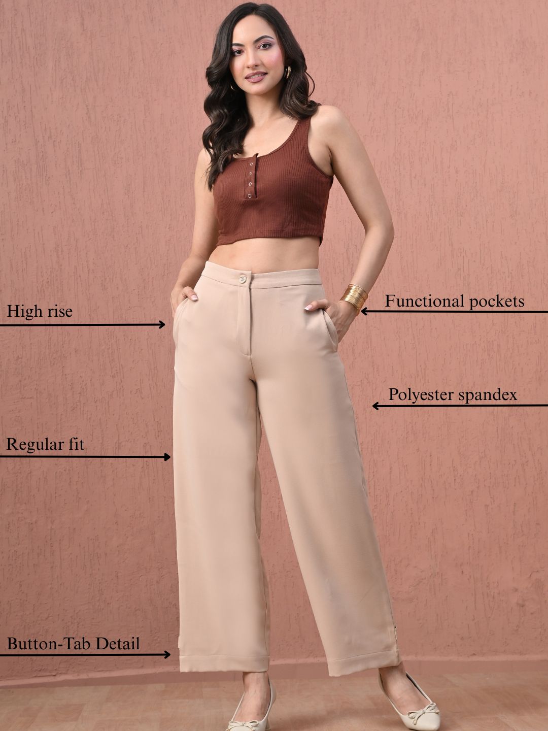 Beige Button-Tab Wide-Leg Trousers