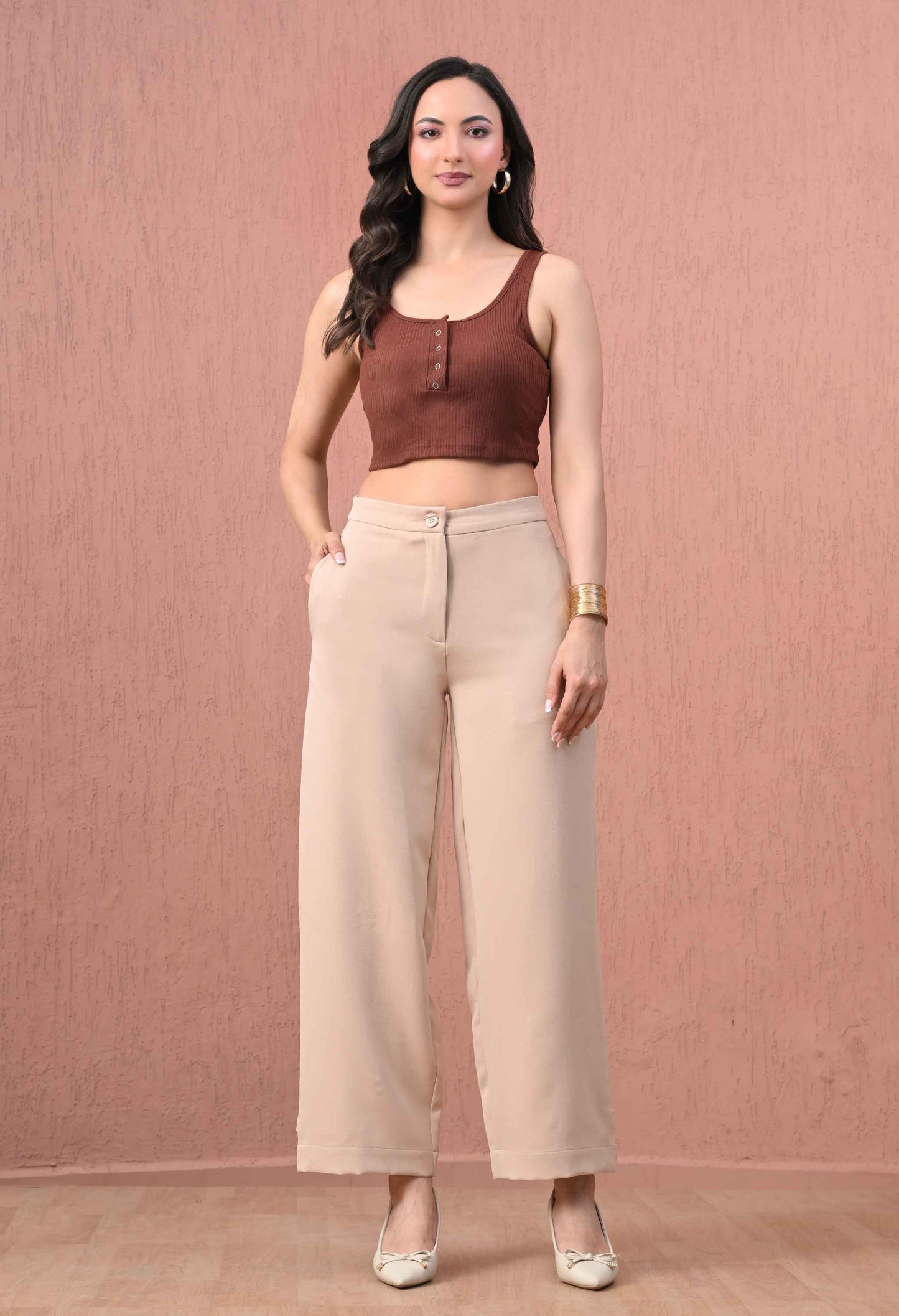 Beige Button-Tab Wide-Leg Trousers