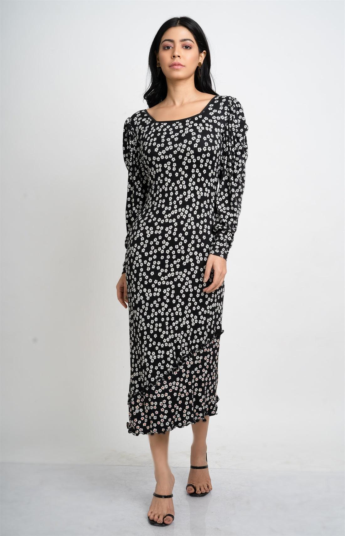 Floral Printed Ribbed Embroidered Dress hencemade