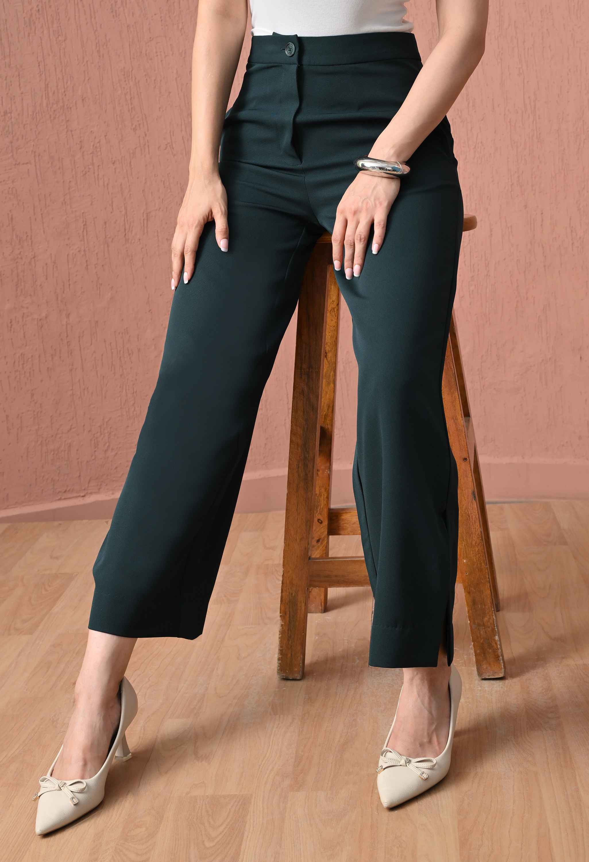 Forest Green Side-Slit Straight-Leg Trousers