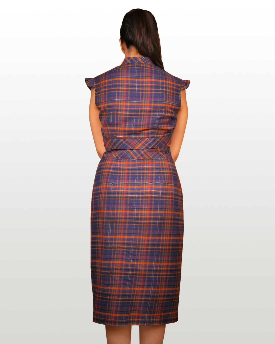 Brown-Blue Checked Cotton Lurex Skirt Set hencemade