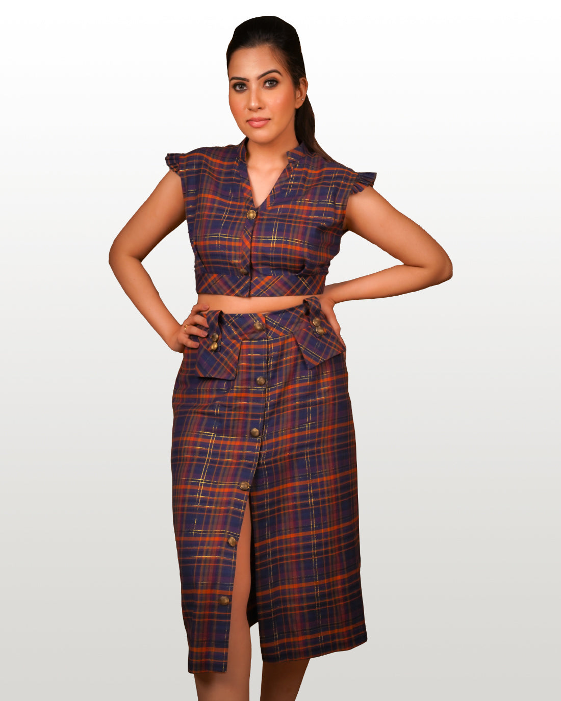 Brown-Blue Checked Cotton Lurex Skirt Set hencemade