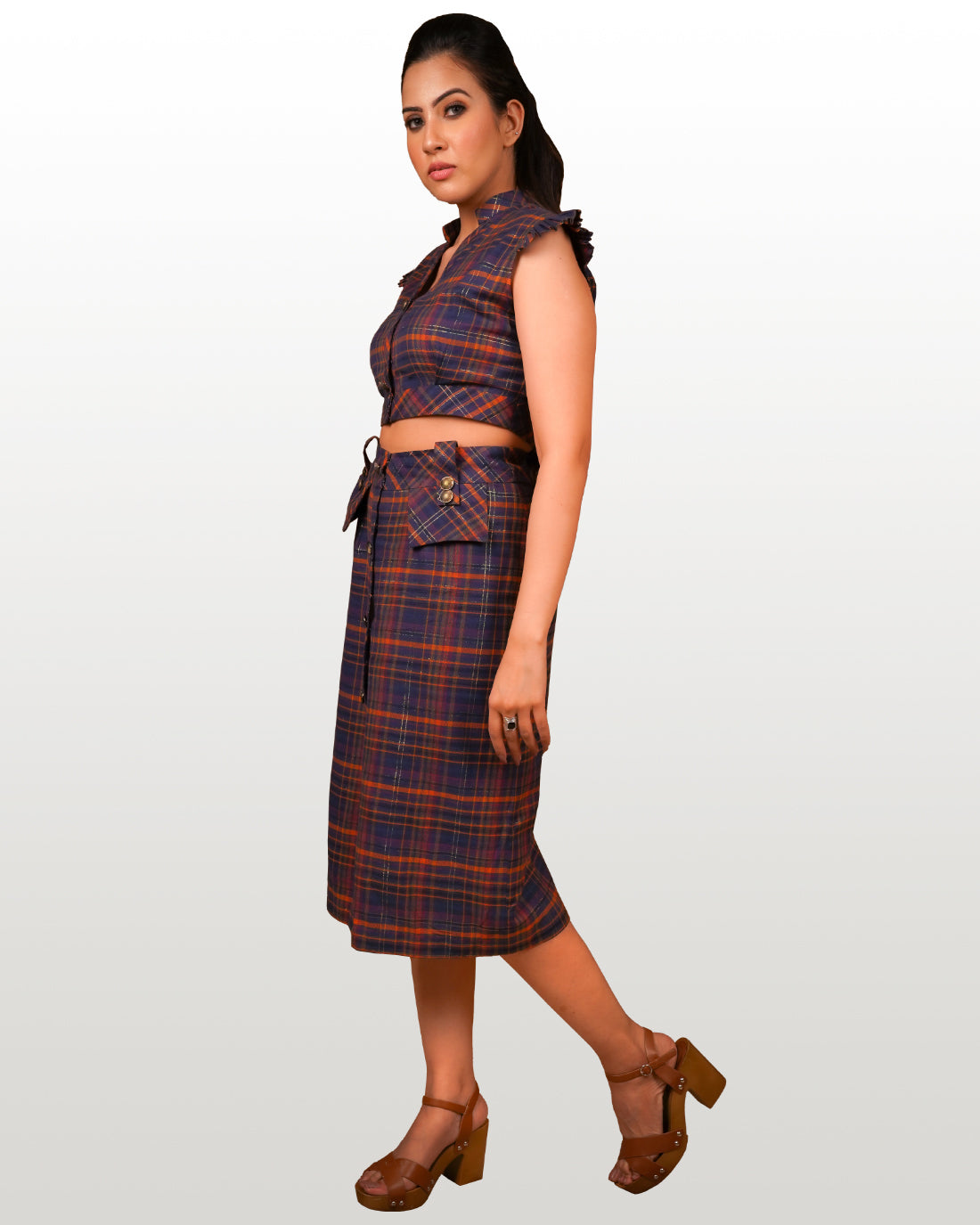 Brown-Blue Checked Cotton Lurex Skirt Set hencemade