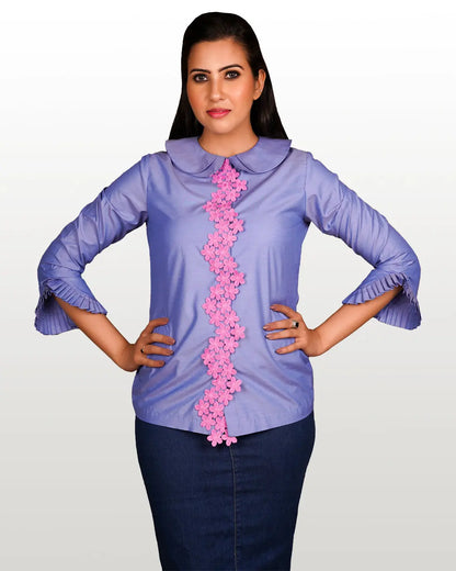 Double Scalloped Collar Blue Poplin Shirt hencemade