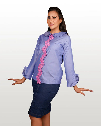 Double Scalloped Collar Blue Poplin Shirt hencemade