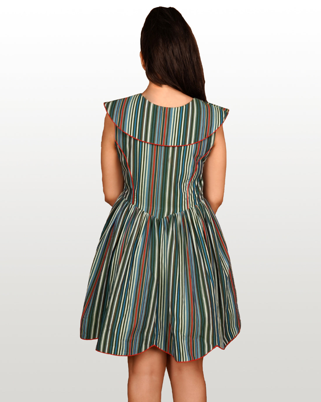 Green Striped Cotton Short Dress hencemade