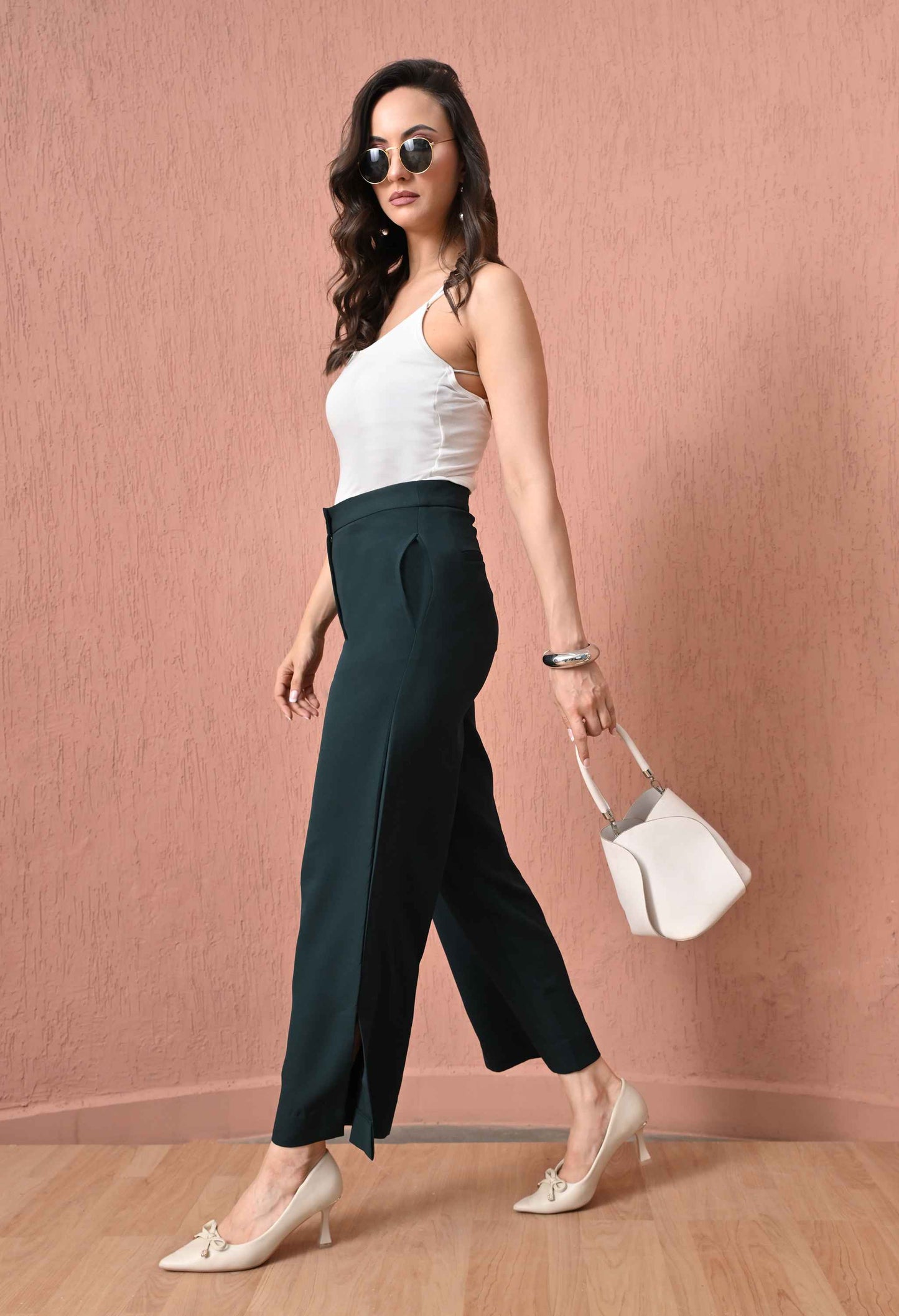 Forest Green Side-Slit Straight-Leg Trousers
