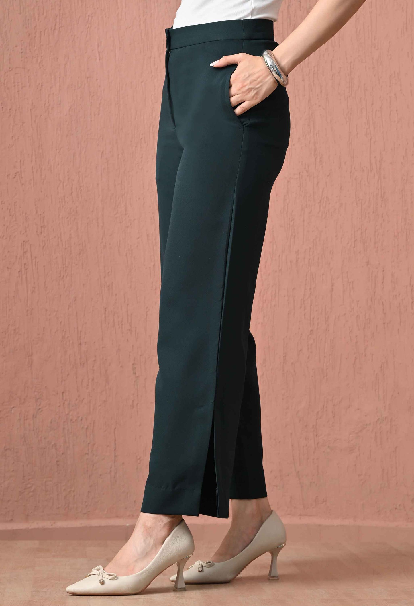 Forest Green Side-Slit Straight-Leg Trousers