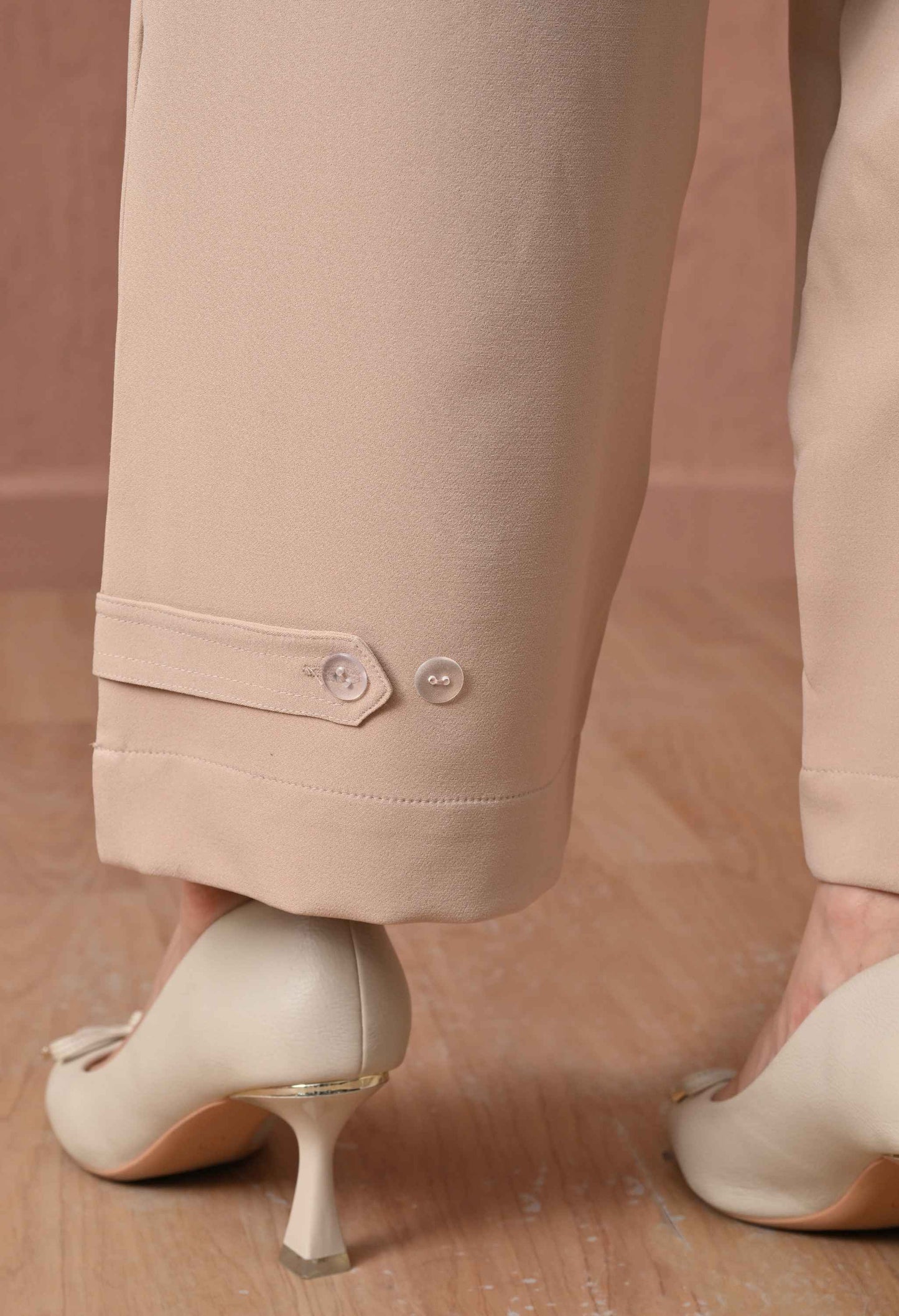 Beige Button-Tab Wide-Leg Trousers