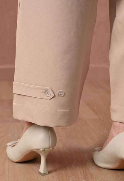 Beige Button-Tab Wide-Leg Trousers