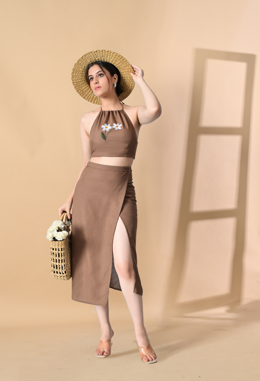 Brown Linen Co-ord Set with Floral Embroidered Top