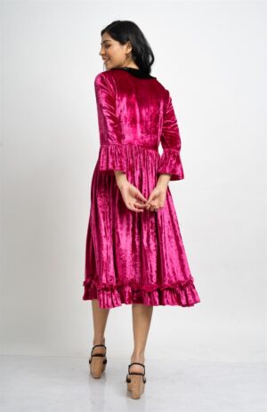 Electric Pink Ruffled Crushed Velvet Midi Dress