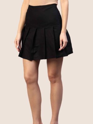 Black Pleated Cotton Lycra Short Skirt
